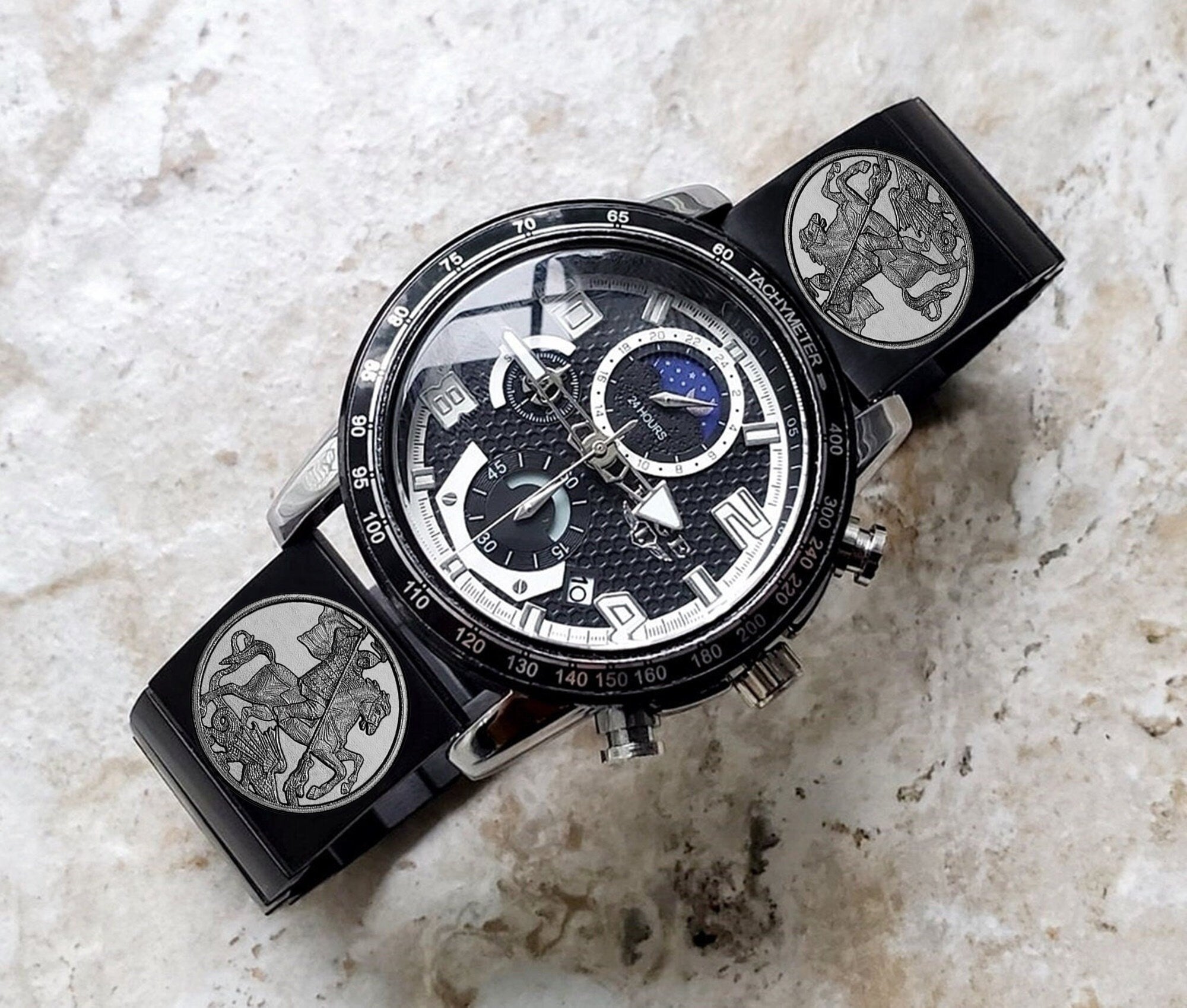 22mm Width Lugs Watch Band Saint George for Traditional Casual Luxury and Smartwatches Engraved Black Stainless Steel Strap DK2